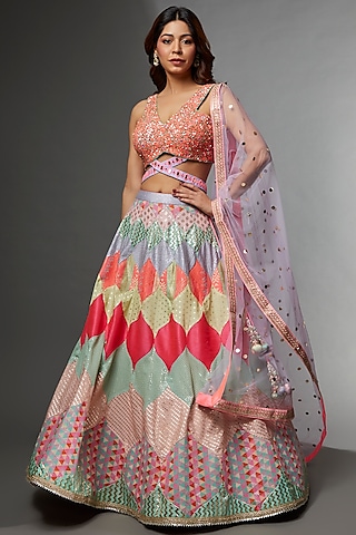 Multi-Colored Woven Fabric Embroidered Lehenga Set by Avnni Kapur